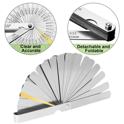 High Precision Guitar Feeler Gauge Set with dual scale stainless steel blades, clear markings, detachable design, and copper inserts