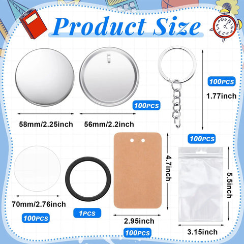 DIY Button Maker Kit For 100 Sets 58mm 2 And A Quarter Inch Includes Metal Shells Plastic Films Backing Parts Bags Keychains