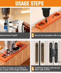 Heavy Duty 6 Inch Hidden Door Hinge Jig setup steps, showing measurement and securing template for concealed cabinet hinges.