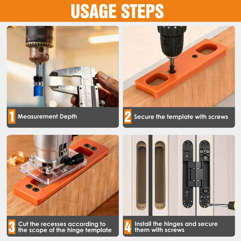 Heavy Duty 6 Inch Hidden Door Hinge Jig setup steps, showing measurement and securing template for concealed cabinet hinges.