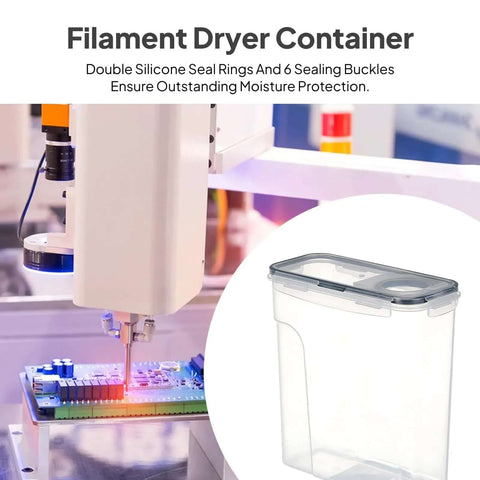 Image of a 4L Filament Drying And Storage Box For 3D Printers with dustproof and waterproof features next to a 3D printing setup.