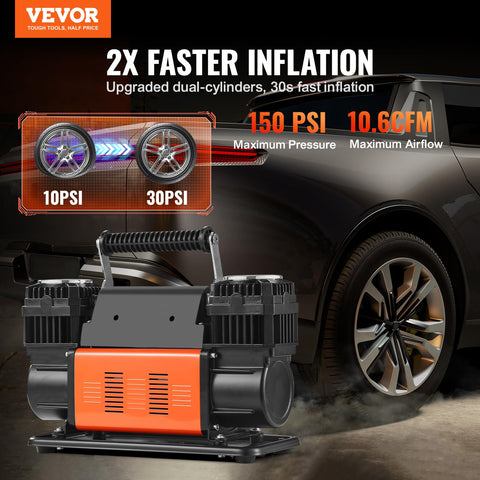 Beefed Up Dual Cylinder Tire Inflator With Heavy Duty Air Compressor 150 PSI 10.6 CFM shown with vehicle tire background