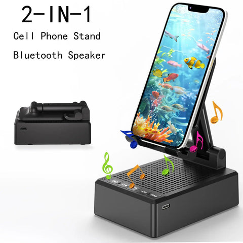 Two In One Bluetooth Speaker Phone Stand With Antislip Base And HD Surround Sound displaying smartphone on desk
