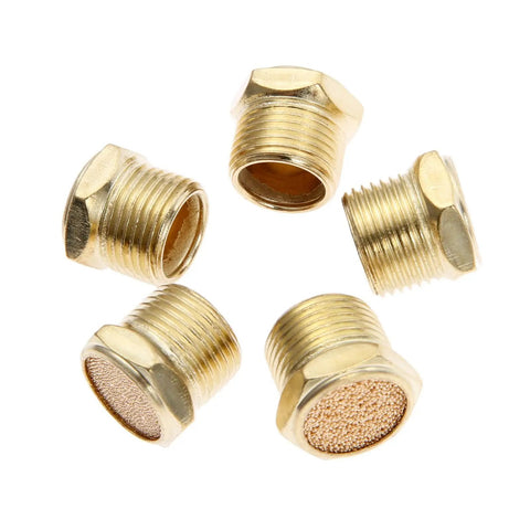5 Pack Three Eighths Inch Brass Mufflers For Pneumatic Systems Air Silencers With Hex Sintered Bronze Filter And Male Thread NPT Fittings