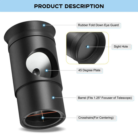 1.25 Inch All Metal Collimating Cheshire Eyepiece Without Laser For Newtonian Reflector Telescopes, Built For Dobsonian And SCT Alignment, 45 Degree Plate For Quick Visual Accuracy, Pro Grade Aluminum Construction, Short Version with labeled parts including rubber fold down eye guard, sight hole, 45 degree plate, barrel, and crosshairs for centering.