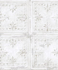White Tin Tile Metallic Peel And Stick Wallpaper Easy Install DIY Friendly Repositionable And Removable No Mess Accent Wall Decor 20.5 Inch Wide By 16.5 Feet Long Covers About 28.2 Sq Ft showing embossed square pattern.