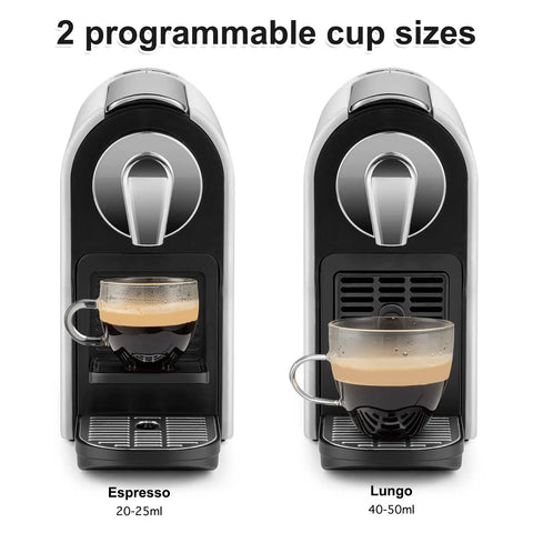 Front view of Home Espresso Pod Machine For NS Original Pods, showing espresso and lungo cup sizes.