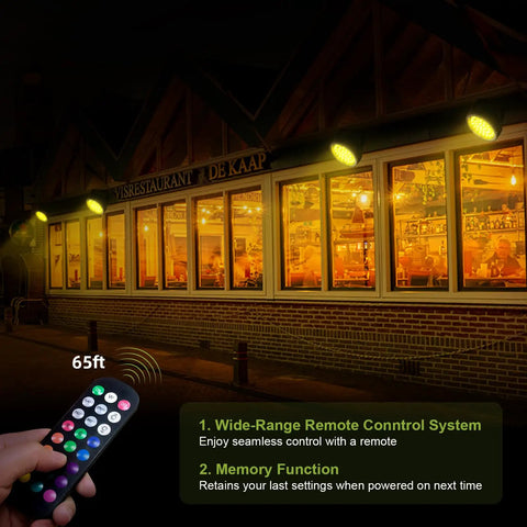 RGBW LED Wall Washer Light With RF Remote 72W 5000K Dimmable lit house facade at night with remote control in hand