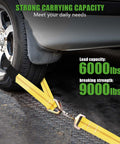 2 Pack 36 Inch By 2 Inch Axle Tie Down Straps With Protective Sleeves And D Rings, Heavy Duty Car Tie Down Straps, 9000 Pound Breaking Strength, 6000 Pound Working Load shown securing car