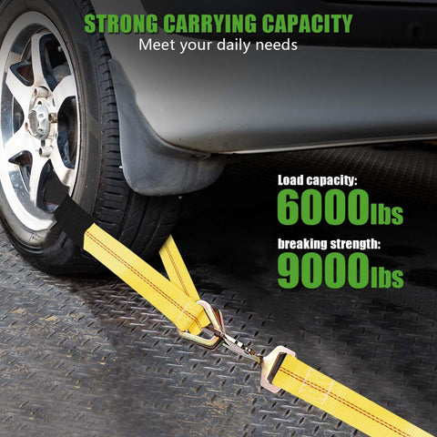 2 Pack 36 Inch By 2 Inch Axle Tie Down Straps With Protective Sleeves And D Rings, Heavy Duty Car Tie Down Straps, 9000 Pound Breaking Strength, 6000 Pound Working Load shown securing car
