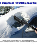 Person using 24 Inch Car Snow Scraper And Brush With Detachable Scratch Free Ice Scraper And Ergonomic Foam Grip on car window