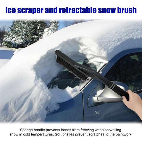 Person using 24 Inch Car Snow Scraper And Brush With Detachable Scratch Free Ice Scraper And Ergonomic Foam Grip on car window