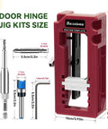 Door Hinge Jig For Router Mortiser Adjustable Three To Five Inches Length And One Quarter Or Five Eighths Inch Hinge Thickness Red DIY Friendly Tool For Precise Gap Free Door And Cabinet Hinge Installations illustrating kit components and dimensions.