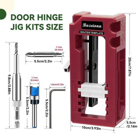 Door Hinge Jig For Router Mortiser Adjustable Three To Five Inches Length And One Quarter Or Five Eighths Inch Hinge Thickness Red DIY Friendly Tool For Precise Gap Free Door And Cabinet Hinge Installations illustrating kit components and dimensions.