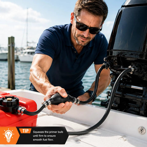 Super Cool 5/16 Inch Boat Motor Fuel Line Hose Kit With Connector Bulb Clamps Replaces Old Gas Lines For Cars Tractors And Motorcycles Easy Swap Setup installed on a boat motor