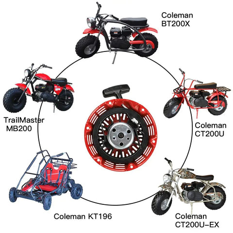 Recoil Pull Starter For Predator 196cc 212cc with mini bikes and go-kart models including TrailMaster, Coleman, Baja, and Massimo.