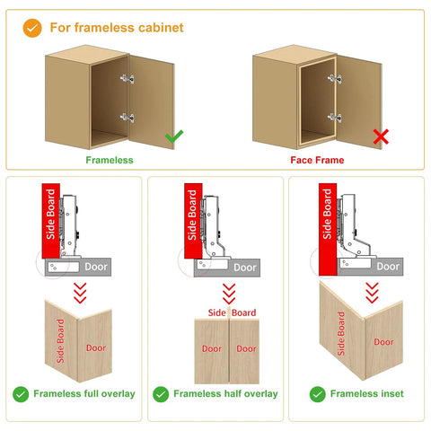 Chibery 10-pack frameless cabinet hinges satin nickel with soft-close; shows full and half overlay frameless installs.