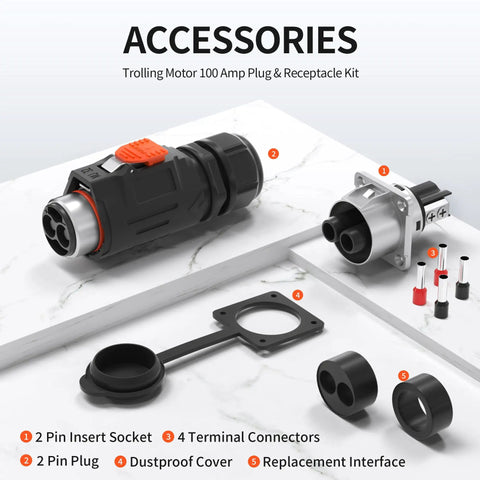 100 Amp Trolling Motor Plug And Receptacle Set With Fast Locking 2 Pin Circular Connector and accessories on white surface