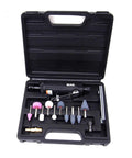 Top Tier 16 Piece Air Straight Die Grinder Kit Generating 22000 Rpm Ball Bearing Power Through Quarter Inch Npt Inlet Featuring Featherweight Alloy Construction And Quarter Plus Eighth Inch Collets For Legit Auto Shop Tasks in carrying case with various grinding bits.