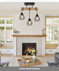 Rustic Farmhouse Pendant Light Fixtures Featuring Real Solid Wood And Sleek Black Metal Shades, hung over a living room fireplace.