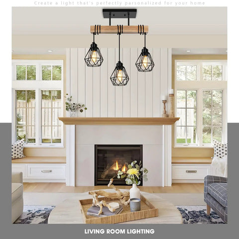 Rustic Farmhouse Pendant Light Fixtures Featuring Real Solid Wood And Sleek Black Metal Shades, hung over a living room fireplace.