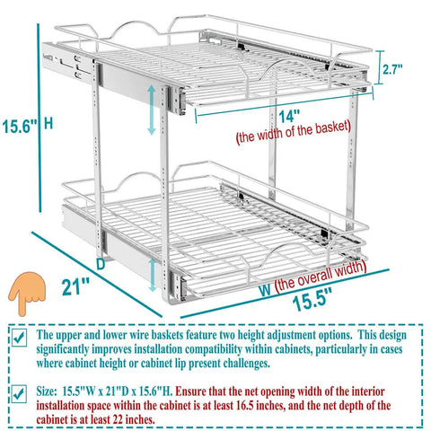 Smooth Glide Double Tier Pull Out Cabinet Organizer With Chrome Finish For Kitchen Base Cabinet Storage Slide Out Shelving Rack Hella Spacious Pantry Drawer Setup detailed size chart.