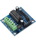 Arduino Friendly Mini Stepper Motor Shield With L293D Driver, green terminal, blue board, for robotics and motor projects