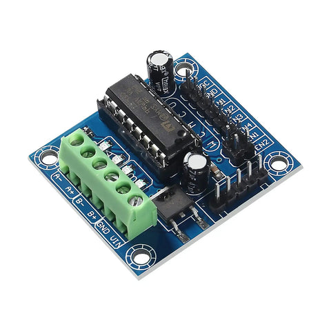 Arduino Friendly Mini Stepper Motor Shield With L293D Driver, green terminal, blue board, for robotics and motor projects