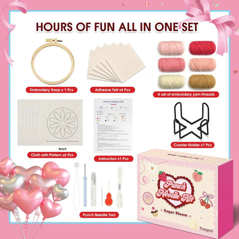Punch Needle Coaster Kit 6 Pack For Beginners And Adults Easy DIY Embroidery Set With Patterns Tools Yarns Hoop Instructions And Coaster Holder In A Gift Box displayed with contents including yarns, tools, and instructions.