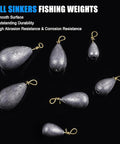 30 Pack Lead Fishing Weight Sinkers With Brass Swivel, Streamlined Bass Casting Sinker Weights For Catfish, Saltwater And Freshwater Fishing, Mixed Sizes For Deep Water And Drop Shot displayed on black background
