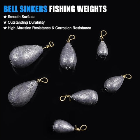 30 Pack Lead Fishing Weight Sinkers With Brass Swivel, Streamlined Bass Casting Sinker Weights For Catfish, Saltwater And Freshwater Fishing, Mixed Sizes For Deep Water And Drop Shot displayed on black background