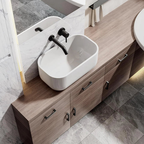 Bathroom vanity with 5 inch matte black square cabinet handles, 10 pack for kitchen cabinets, cupboards, drawers, and dressers.