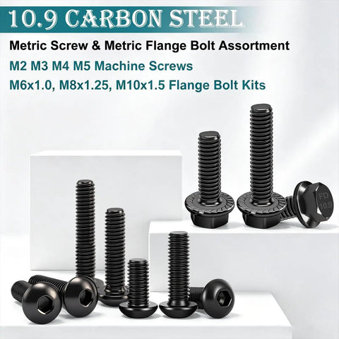 Top Shelf And Knockout Grade 10.9 Metric Screw Assortment With Heavy Duty Flange Bolt Kit featuring black carbon steel screws and bolts.