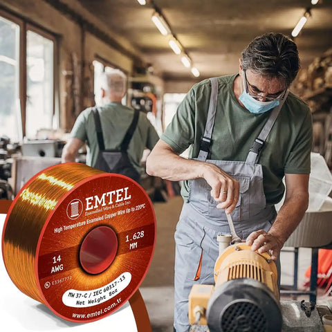 Worker using 20 AWG Magnet Wire Enamel Copper for Transformers and Motors, 8 Oz 157 Ft, next to heavy-duty equipment in workshop