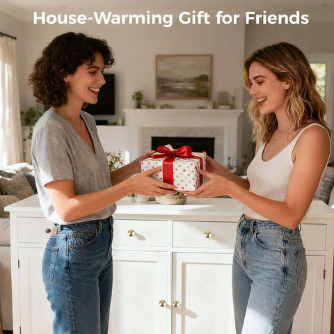 Two people exchanging a house-warming gift in front of a cabinet with 12 pack gold round cabinet knobs set