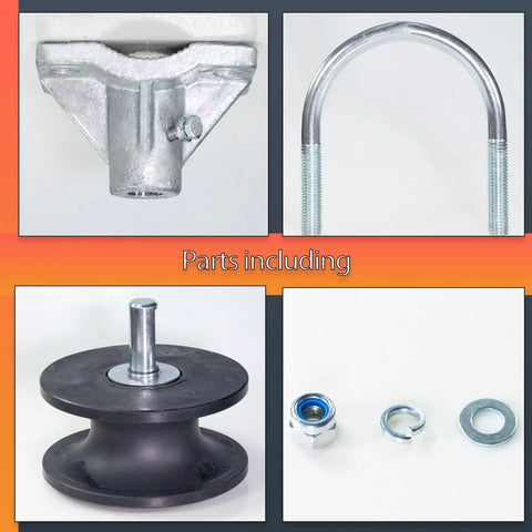 Parts of Nylon Cantilever Gate Rollers For Sliding Gates, including U-bolt, pulley, and fixings for chain link fence gate frames.