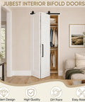 Slick 36 By 84 Inch Bi Fold Sliding Barn Door With Top Shelf Hardware Kit And Smooth Glide Track in modern interior setting.