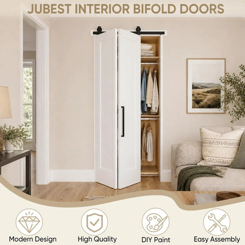 Slick 36 By 84 Inch Bi Fold Sliding Barn Door With Top Shelf Hardware Kit And Smooth Glide Track in modern interior setting.