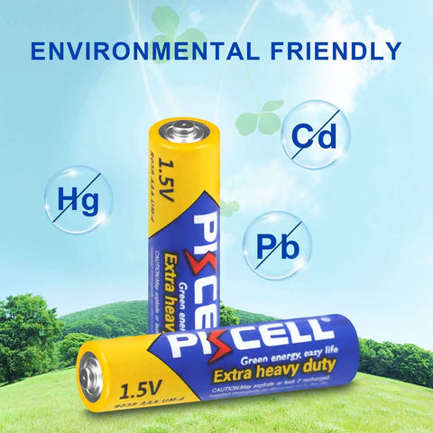 100 Pack AAA Batteries Carbon Zinc R03P 1.5V Single Use, eco-friendly on grass with environmental icons Hg Cd Pb