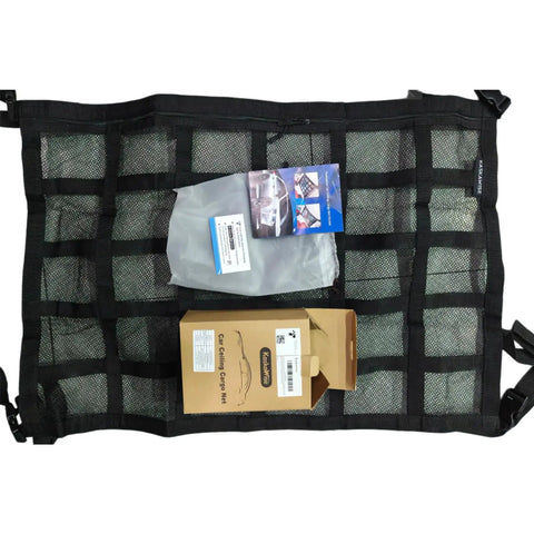 Upgrade Car Ceiling Cargo Net Pocket 31.5x21.6 Double Layer Roof Storage Organizer displayed with packaging and accessories.