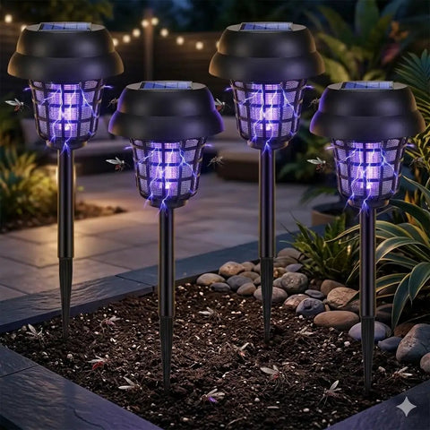 Solar Powered Bug Zapper For Outdoor Use Must Have Waterproof Mosquito Trap And Killer For Moths Gnats Flies Small Flying Insects Solar Zapper For Backyard Garden 4 Pack installed in a garden