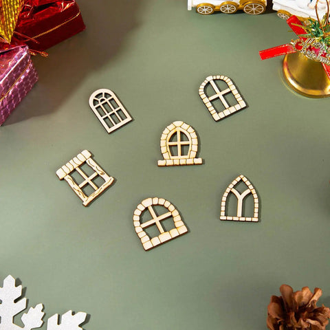 DIY Fairy House Kit 48 Pcs Unfinished Wood Doors And Windows for Miniature Garden Decor, showing unpainted wood windows.