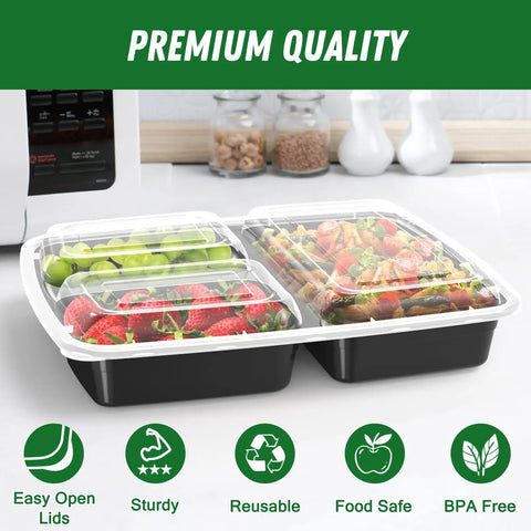 32 Ounce Meal Prep Containers With Lids Three Compartment Reusable Plastic To Go Takeout Food Storage Boxes Black