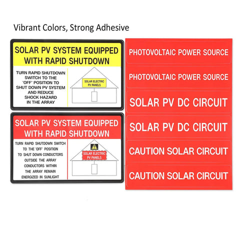 Solar PV System Safety Label Kit With 48 Outdoor Vinyl Stickers For 2020 And 2017 National Code Compliance, showing caution labels