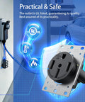 Heavy Duty 14-50R Outlet 120 240 Volt 50A Four-Prong Receptacle For RVs EVs Dryers Welders Ovens Stoves Plasma Cutters And Ranges UL Listed Industrial Grade Power Connection shown with safety icons