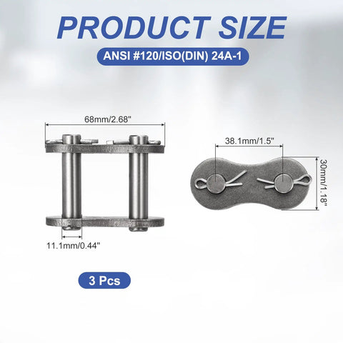 Durable Three Piece Manganese Steel ANSI 120 Roller Chain Connecting Link Master Plate with dimensions 68mm and 38.1mm, ideal for quick mechanical fixes.