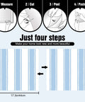 Easy Peasy Peel And Stick Self Adhesive Wallpaper With Chill Blue And White Hand Drawn Stripes four steps guide with measurements.