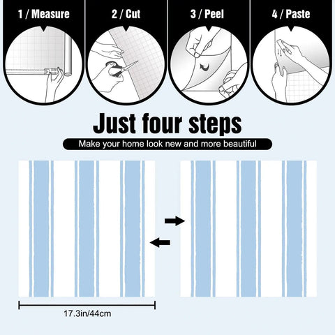 Easy Peasy Peel And Stick Self Adhesive Wallpaper With Chill Blue And White Hand Drawn Stripes four steps guide with measurements.
