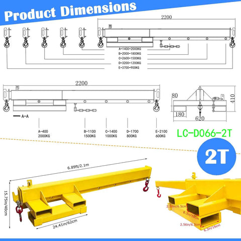 Tough As Nails Two Ton Forklift Jib Crane Featuring Telescopic Boom and Dual Direction Lifting for Workshop Use, size and dimension diagram.