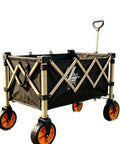 Heavy Duty Outdoor Folding Utility Wagon With 125 Liter Capacity And 600D Oxford Zero Hassle Folding Design Rolls Like A Dream On 5 Inch Silent Swivel Wheels, shown with golden frame and orange wheels.